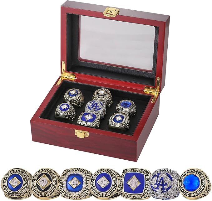 1955 1959 1963 1965 1981 1988 2020 Dodgers Baseball 'World' Series Championship Ring Versión oficial Réplica con caja de madera Hombres Anillo de aleación para Los Angeles Fan Collection Gift （7pcs）